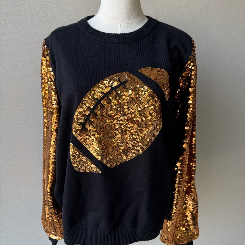 Why Dress Women's Black Sweatshirt with Gold Sequin Football Motif